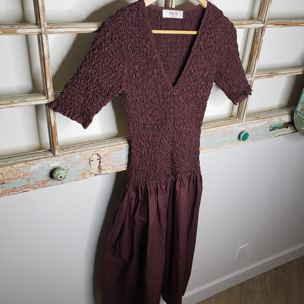 Sea New York Midi Brown Dress with Shirring top Ladies size small. NWOT